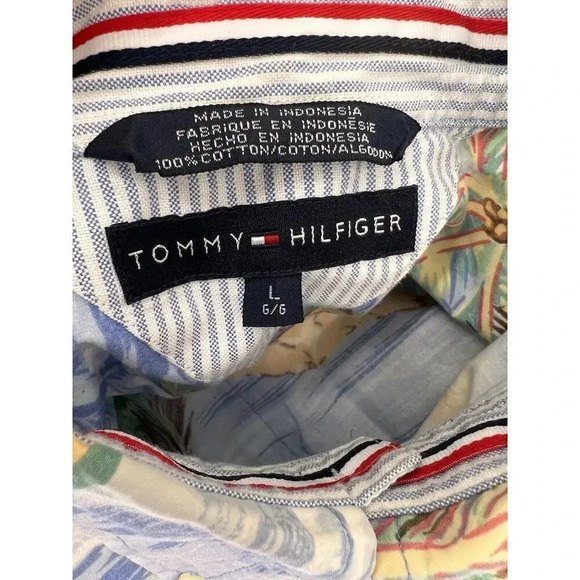 VINTAGE Tommy Hilfiger Men’s Palm Tree Hawaiian Button Front Short Sleeves LARGE - Picture 9 of 12